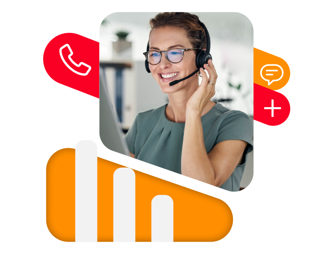 woman in contact center with graphs sitting under image