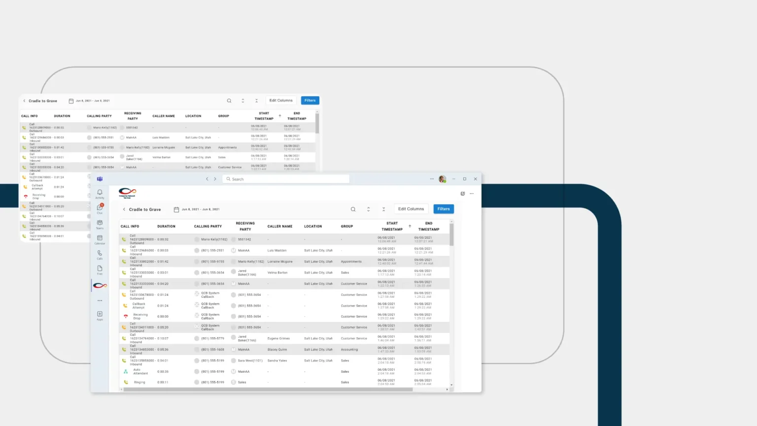 screenshots of insights that ENS software can offer with blue background elements